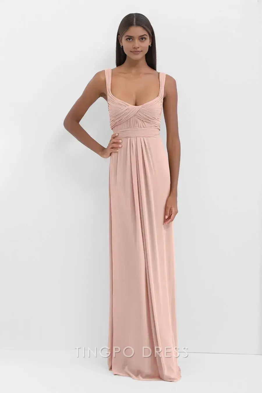 TingPo Wholesale Simple Blush Pink Square Neck Ruched Dress - Sweetheart Neckline Maxi Evening Gown